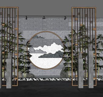 06景观小品新中式庭院景观_景观小品_隔断_拴马柱_植物_石头  柱子 日式石灯 屏风组合su草图模型下载