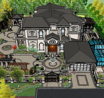 07欧式别墅花园 庭院景观 绿化 景墙 廊架 阳光房 水景 花坛 欧式亭子 户外桌椅su草图模型下载