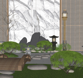 08日式枯山水庭院景观 假山 石头 禅意 庭院景观小品 日式地灯 草坪灯 石灯 小桥 石头小路 石头假山su草图模型下载