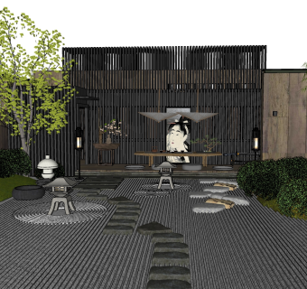 10日式庭院景观 茶室 茶台 茶桌 景观小品 日式枯山水园艺景观 石头町步 禅意景观su草图模型下载