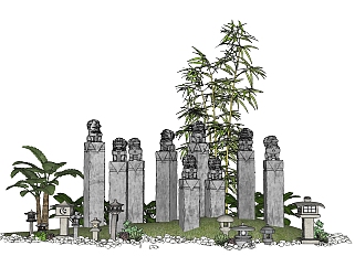 12中式风格庭院景观 拴马桩 日式石灯鹅卵石 <em>竹子</em>植物...