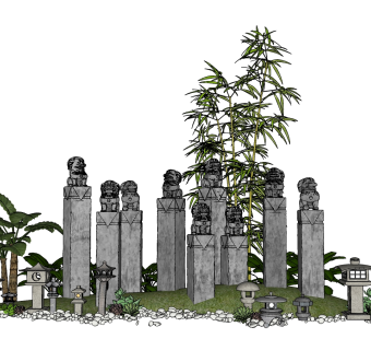 12中式风格庭院景观  拴马桩 日式石灯鹅卵石 竹子植物组合 庭院景观小品组合su草图模型下载