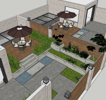 13现代简约花坛 水池 庭院景观 花园景观 屋顶花园su草图模型下载