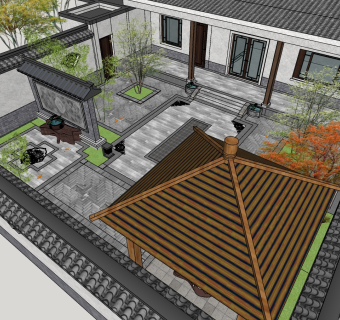 14现代中式仿古四合院  新中式风格庭院景观 禅意庭院景观 民宿庭院景观su草图模型下载