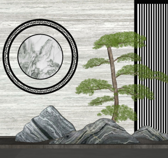 16新中式景观 假山泰山石 松树装饰画    新中式摆件 新中式风格庭院景观 禅意庭院景观su草图模型下载