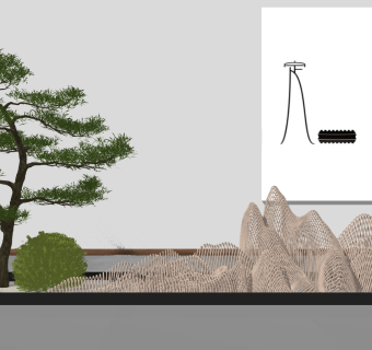18新中式禅意水景松树 新中式花园庭院景观  藤编假山 泰山石 松树 景观小品 跌水景观su草图模型下载