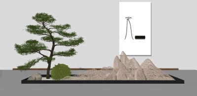 18新中式禅意水景松树 新中式花园庭院景观  藤编假山 泰山石 松树 景观小品 跌水景观su草图模型下载