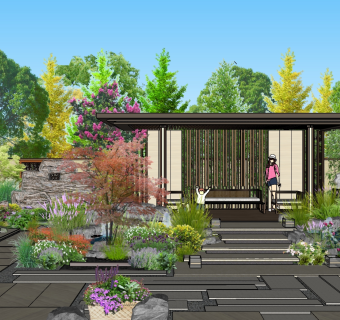 20新中式风格庭院景观 松树石头景观小品 枯山水园艺景观小品 假山 石头 景观墙 石狮 禅意景观 亭子 水景su草图模型下载