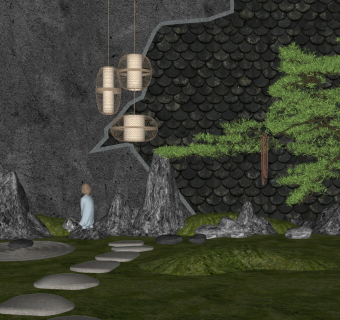 22新中式松树假山景观小品 枯山水园艺景观小品 假山 石头 景观墙 吊灯 石灯  泰山石 石头町步 禅意景观 和尚摆件su草图模型下载