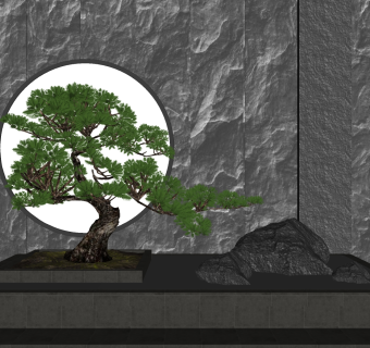 25新中式庭院造景假山松树 庭院景观 景观墙  矮松 石头小品 禅意风格庭院su草图模型下载