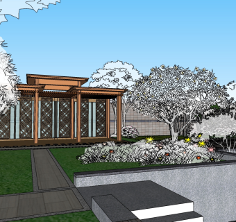 26新中式风格庭院景观 假山流水 枯山水园艺景观小品 假山 凉亭 石头 景观墙 石桌石凳 隔断屏风 水景 竹子组合su草图模型下载