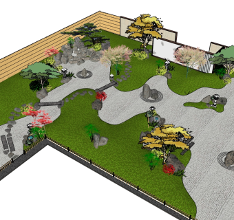 27日式枯山水庭院景观 假山 石头 禅意 庭院景观小品  石头町步 石头小路 樱花树 松树 日式地灯 草坪灯su草图模型下载