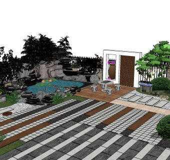 28新中式风格庭院景观 禅意庭院景观  景观树  绿植  石头沙子 铁艺围栏 石桌只凳 水景 假山 石头 盆栽 矮松 新中式景观小品 跌水景观su草图模型下载