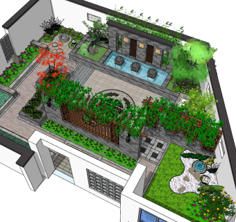 29新中式庭院景观   新中式禅意隔断 景观小品  陶罐 拴马柱 造型雨花石铺装 菜地 玄关景墙 中式风格水缸  水景su草图模型下载