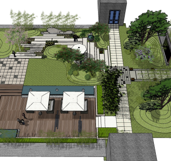 30新中式风格庭院景观  新中式办公楼屋顶花园 新中式花草植物 荷花水缸 景观小品 景观墙 石灯水景 凉亭 户外沙发su草图模型下载