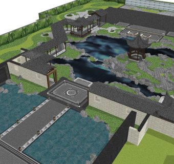 31中式地形景观 中式花园庭院景观 镂空景墙 中式亭子 假山石头 叠石 游廊 长廊 水景su草图模型下载