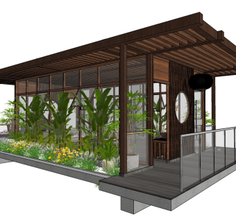 34中式民宿 中式阳光房会所 中式亭子 中式茶室 民宿庭院 屋顶花园 度假小屋 中式绿植花草su草图模型下载