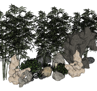 36中式竹子景观石头 绿植  竹子假山组合 太湖石 中式景观假山泰山石 枯山水su草图模型下载