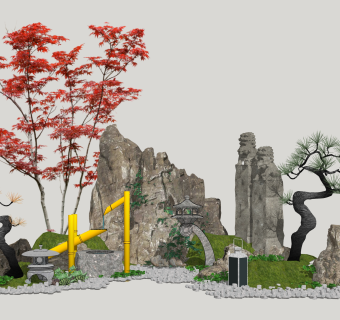 38禅意庭院景观小品 新中式禅意水景松树 枫树 新中式松树假山 拴马柱 石景 石灯 泰山石 竹筒水管水缸su草图模型下载