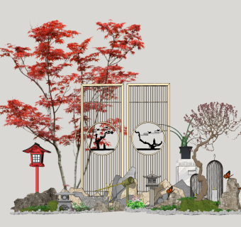 40新中式禅意庭院景观小品，新中式风格庭院景观 松树石头景观小品  枫树 枫叶 枯山水园艺景观小品 假山 石头 禅意屏风隔断 石灯 景观树绿植石头沙子 铁艺笼子 鸟笼su草图模型下载