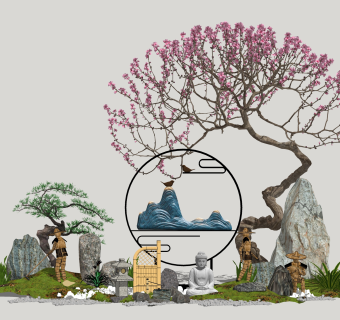 42新中式禅意庭院景观 禅意枯山水园艺小品 景观树绿植石头沙子  拴马石 石灯 假山石头 竹子 景观树 佛 松树矮松 鹅卵石  中式禅意山形摆件 桃树 景观树su草图模型下载