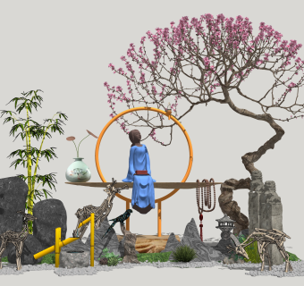 43新中式禅意庭院景观 禅意枯山水园艺小品 景观树绿植石头沙子  拴马石 石灯 假山石头 竹子 景观树 佛 竹子组合  中式禅意摆件 中式水缸su草图模型下载