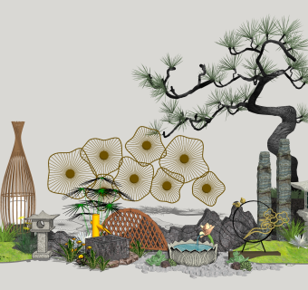 45新中式禅意庭院景观 禅意枯山水园艺小品 景观树绿植石头沙子  拴马石 石灯 假山石头 竹子 景观树 佛 松树矮松 鹅卵石  中式禅意摆件挂饰  景观树 松树 竹编笼子 荷花水缸su草图模型下载
