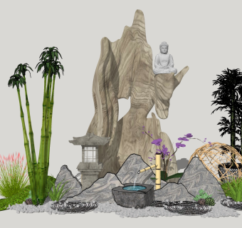47新中式禅意庭院景观 禅意枯山水园艺小品 景观树绿植石头沙子  石灯 假山  石头 竹子 景观树 佛 盆栽 鹅卵石  中式禅意山形摆件 太湖石 泰山石 中式水缸su草图模型下载