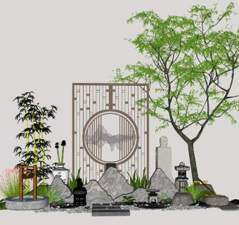 48新中式禅意庭院景观 禅意枯山水园艺小品 景观树绿植石头沙子  拴马石 石灯 假山石头 竹子 景观树 佛  鹅卵石  中式禅意摆件挂饰  松树 竹子组合 荷花水缸 禅意屏风隔断su草图模型下载