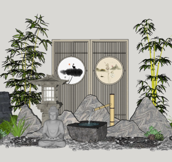 49新中式禅意庭院景观 禅意枯山水园艺小品 景观树绿植石头沙子  拴马石 石灯 假山石头 泰山石 太湖石 竹子 景观树 佛  鹅卵石  中式禅意摆件挂饰  松树 竹子组合 荷花水缸 禅意屏风隔断su草