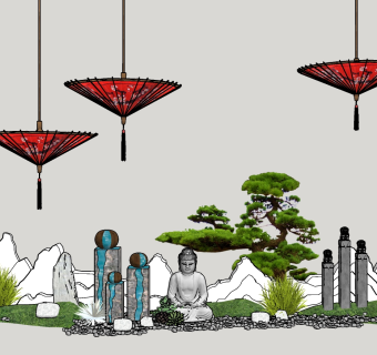 50新中式禅意庭院景观 禅意枯山水园艺小品 景观树绿植石头沙子  拴马石 石灯 假山石头 景观树 佛 松树矮松 鹅卵石  中式禅意摆件挂饰  荷花水缸 中式雨伞 中式纸伞 花伞su草图模型下载