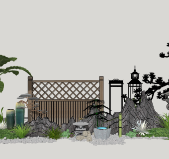 51新中式禅意庭院景观 禅意枯山水园艺小品 景观树绿植石头沙子  拴马石 石灯 假山石头 佛 松树矮松 鹅卵石  中式禅意摆件 中式木篱笆  荷花水缸su草图模型下载