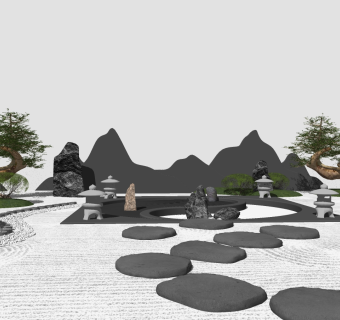 55新中式太极园艺小品 新中式禅意庭院景观小品  枯山水石 矮松 石头小路 假山  太湖石 石灯 日式禅意庭院景观小品su草图模型下载