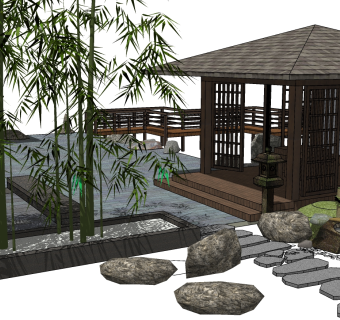 58 中式庭院景观 造型雨花石铺装 玄关景墙  惊鹿水钵小水景 微地形石子组合 民宿庭院景观 民宿景观小品 民宿小景 竹子组合su草图模型下载