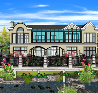 62欧式别墅庭院花园绿化 景观 景墙 亭子 水景  庭院景观   廊架 阳光房 欧式建筑su草图模型下载