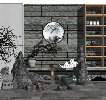 65中式茶室 禅意枯山水园艺小品 新中式风格庭院景观  假山 石头  陶罐矮松 盆栽  景观树 禅意茶馆 茶楼su草图模型下载