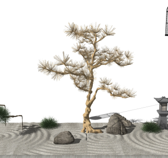 66日式新中式枯山水景观石   石灯 禅意枯山水园艺小品 景观树绿植石头沙子 铁艺笼子 鸟笼 松树su草图模型下载