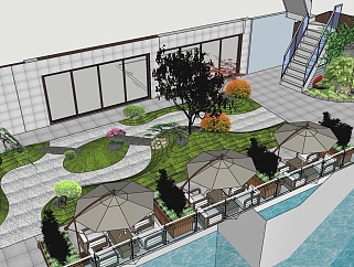 67新中式屋顶花园  露台茶室 庭院景观  新中式园艺景观小品 景观树绿植石头 植物组合su草图模型下载
