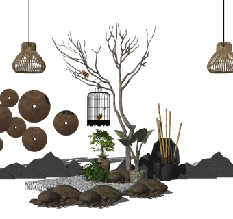 68新中式风格庭院景观 禅意枯山水园艺小品 景观树绿植石头沙子 铁艺笼子 吊灯 陶罐 中式挂饰摆件 假山 雨花石铺路su草图模型下载