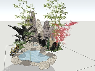 69新中式庭院景观 假山小池 竹子组合 喷泉水景 假山...