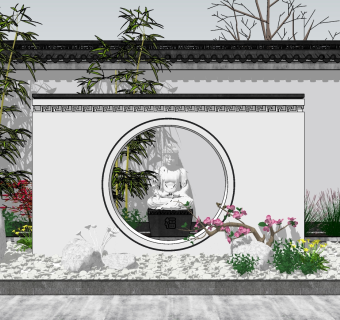 70新中式庭院景观小品 佛像雕塑 景墙 鹅卵石 竹子 植物  石桌石凳 棋盘 石鼓 假山石头 坐佛 中式围墙su草图模型下载