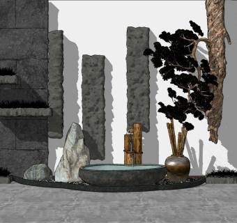 73日式禅意庭院景观小品 新中式禅意庭院景观  松树景观 日式庭院水缸水景 木筒水龙头 陶罐 假山石头 景墙su草图模型下载