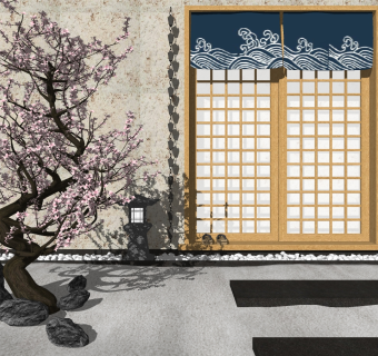 74日式禅意庭院景观 日式樱花石灯小品 鹅卵石 日式布帘门帘 日式推拉门su草图模型下载