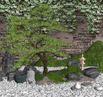 75松树园艺景观小品  新中式庭院景观小品 日式禅意庭院景观  枯山水石 苔藓 爬山虎 石狮 石灯 假山石头 鹅卵石 室外砖墙su草图模型下载