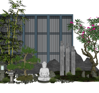76 新中式禅意庭院景观小品 中式隔断 植物 鹅卵石 竹子组合 假山石头 石灯 拴马柱 佛 矮松松树 景观树su草图模型下载