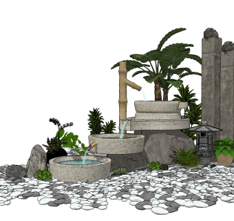 79新中式庭院景观小品  跌水景观  植物栓马柱石头组合 竹筒水龙头 中式禅意庭院 鹅卵石 肉类植物 陶罐su草图模型下载