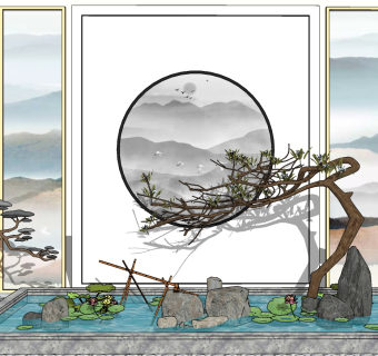 81新中式庭院景观小品 景墙 栓马柱 跌水景观 枯枝石头组合 中式山水画背景墙 隔断屏风 荷花水景 竹子组合su草图模型下载