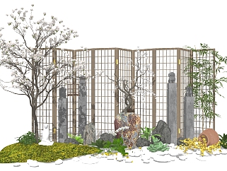 83新中式景观小品 庭院景观 隔断屏风 植物 陶罐组合 ...