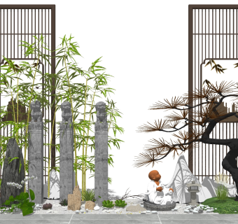 84新中式禅意庭院景观小品  假山石头 佛像 植物 隔断组合 枯山水园艺小品 拴马竹 中式屏风隔断 竹子组合su草图模型下载