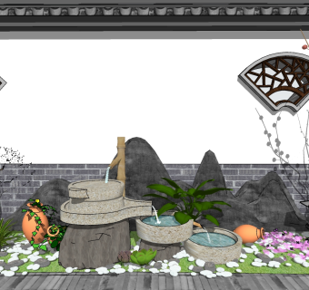 85新中式庭院景观小品 庭院小品 跌水景观 植物组合 陶罐枯树枝组合 假山石头 中式院墙 鹅卵石 中式水景su草图模型下载